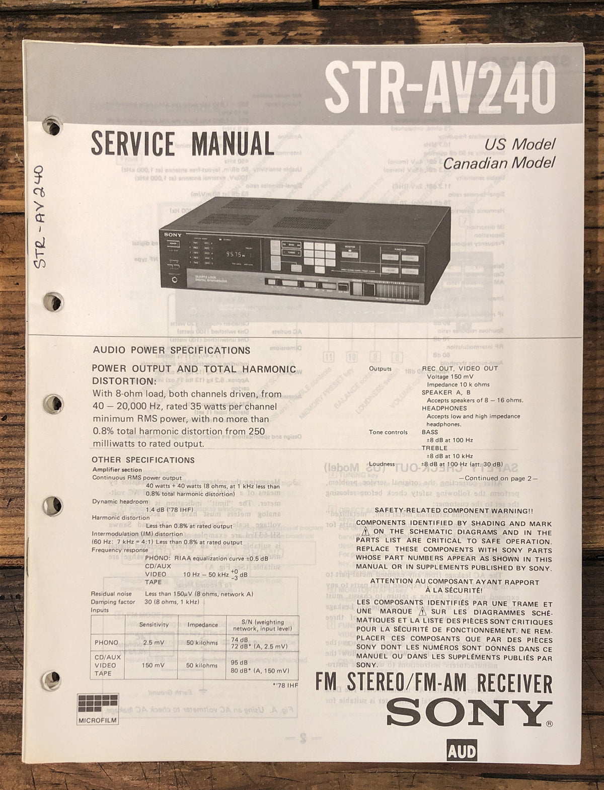 Sony STR-AV240 Receiver Service Manual *Original*
