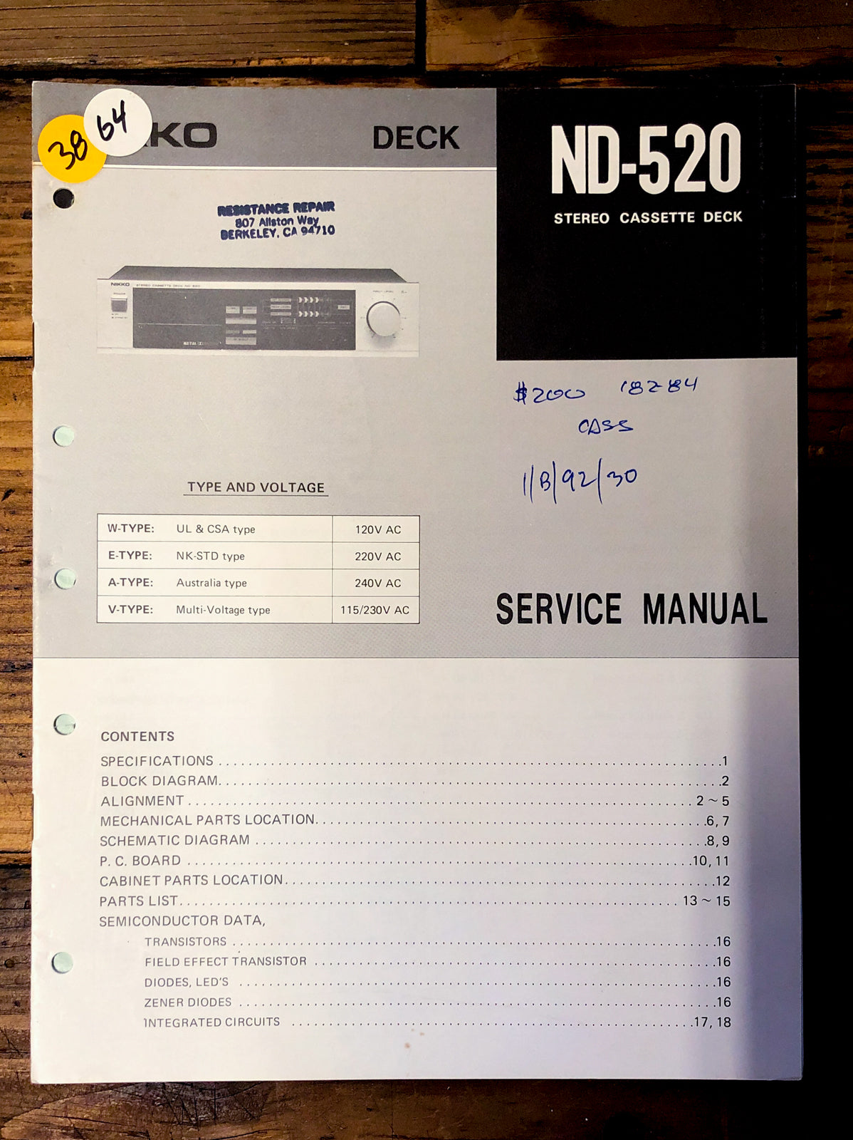 Nikko ND-520 Cassette Service Manual *Original*
