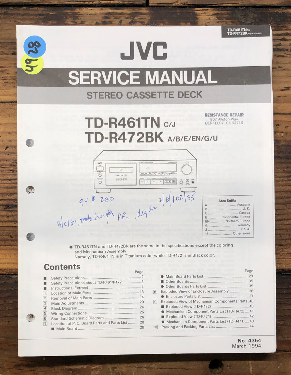 JVC TD-R461 TD-R472 Cassette Service Manual *Original*