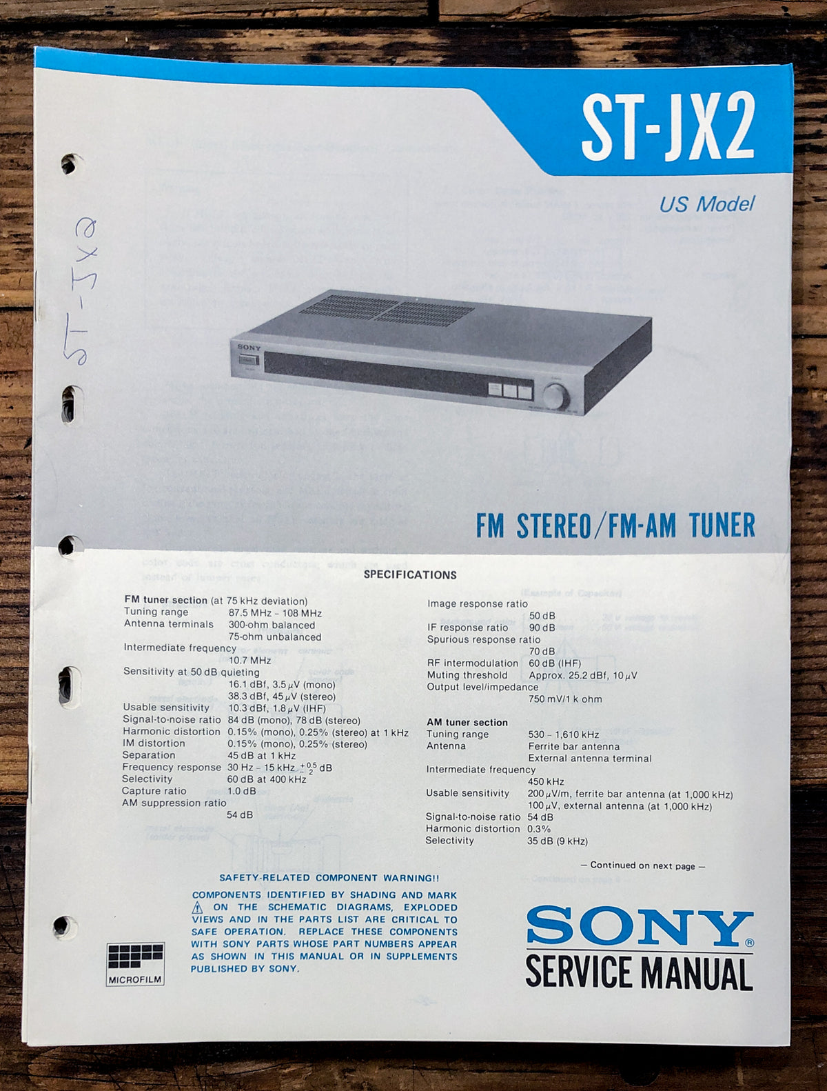 Sony ST-JX2 Tuner Service Manual *Original*