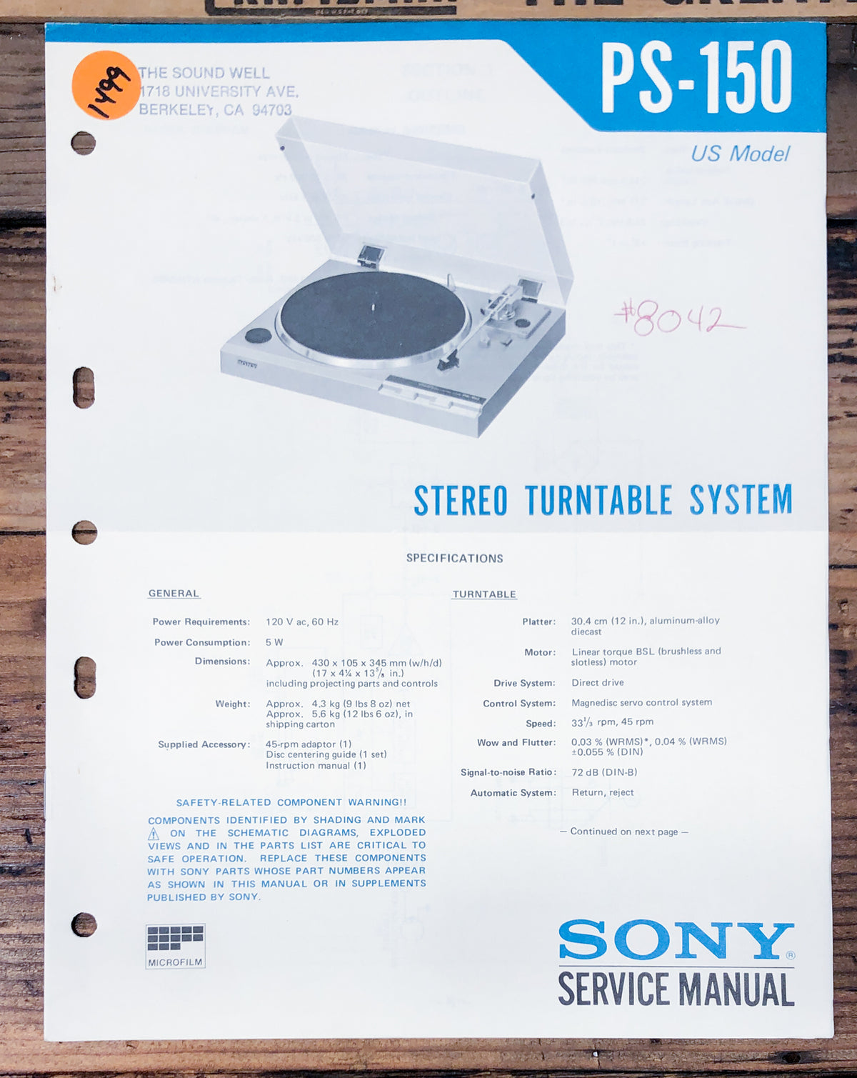 Sony PS-150 Record Player / Turntable Service Manual *Original*