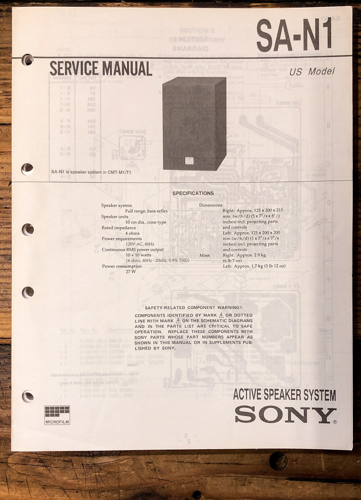 Sony SA-N1 Speaker Service Manual *Original*