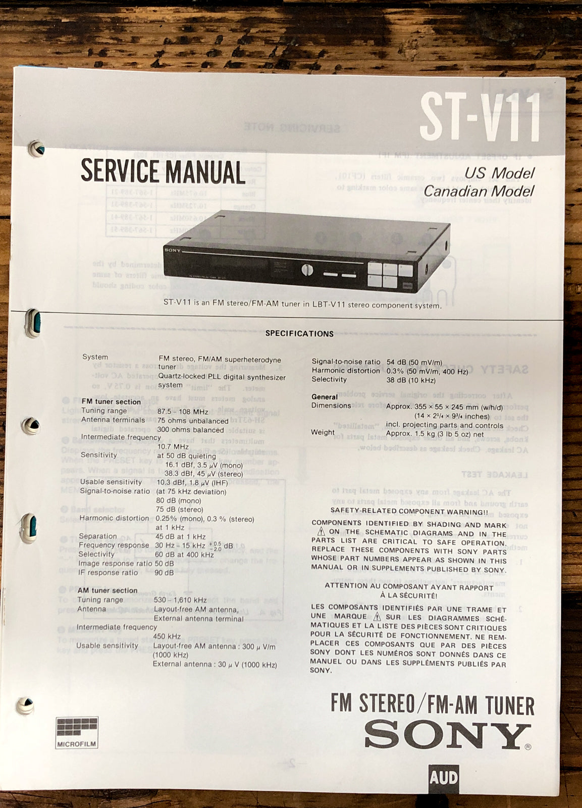 Sony ST-V11 Tuner Service Manual *Original*