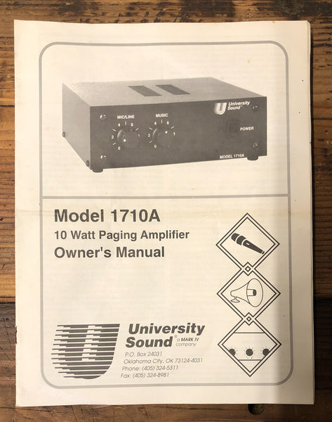 University Sound Model 1710A Amplifier  Owners Manual & Schematic *Orig*