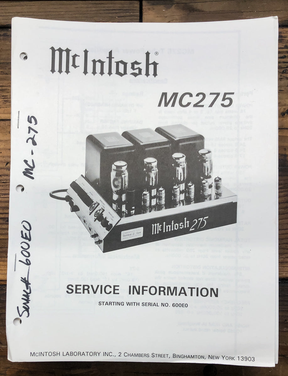 McIntosh MC275 MC-275 Amplifier Service Manual *Original* #2