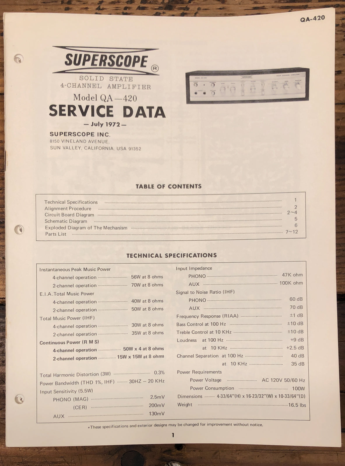 Superscope QA-420 Amplifier Service Manual *Original*