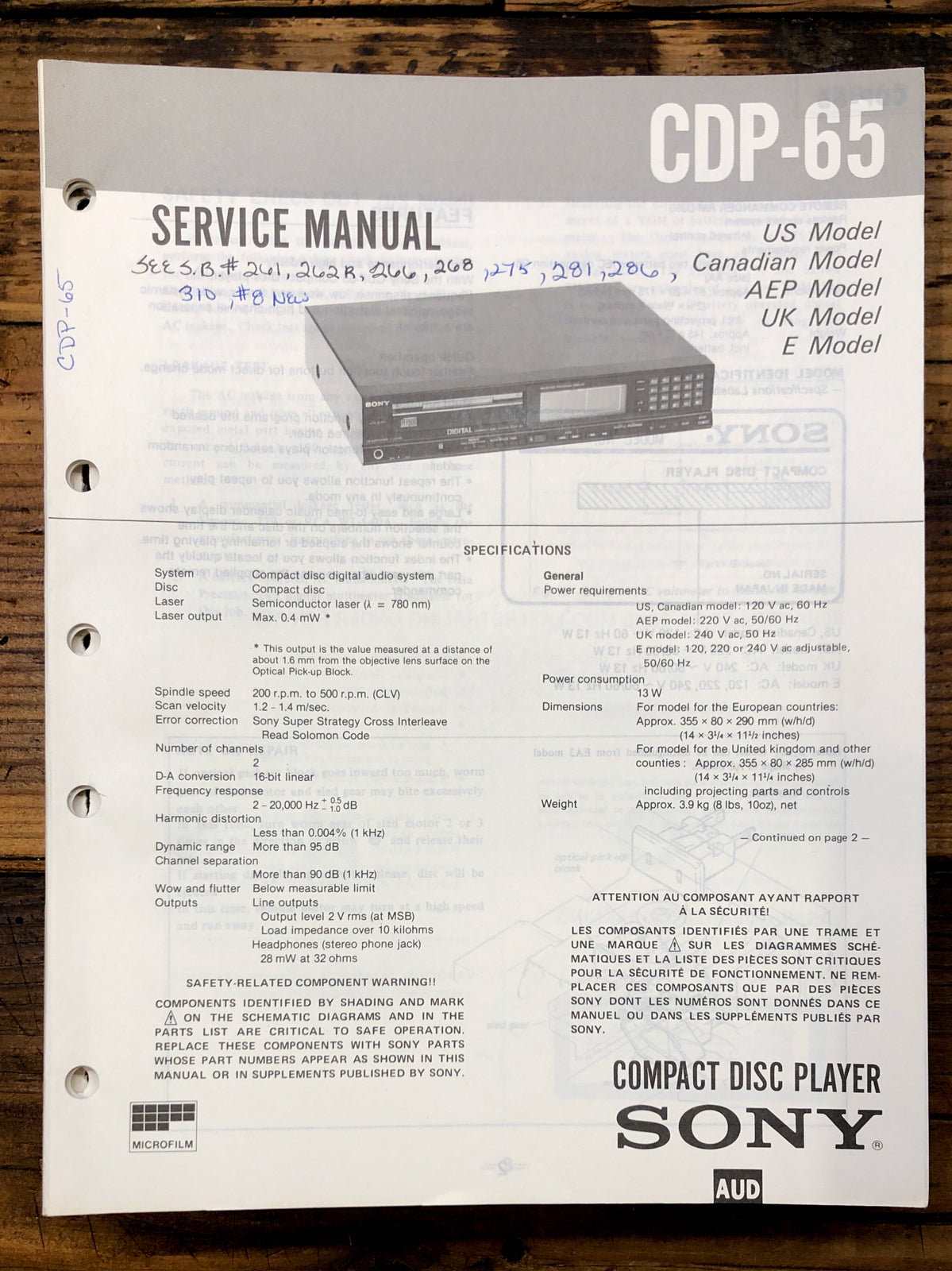 Sony CDP-65 CD Player Service Manual *Original*