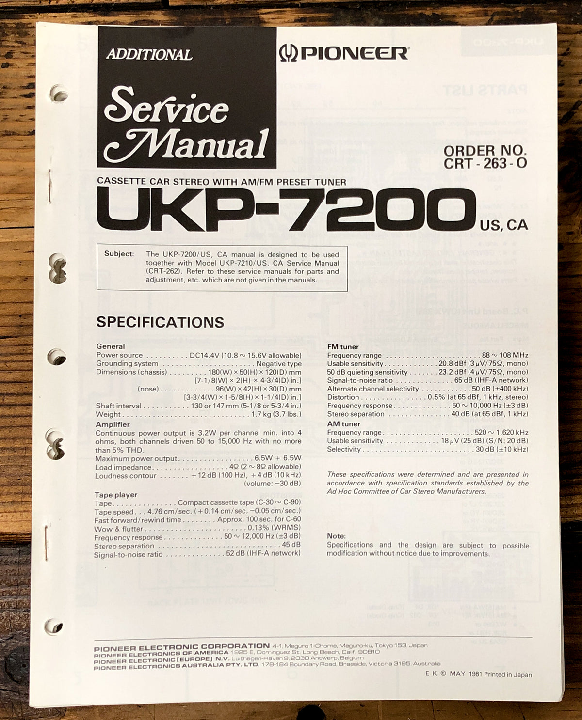 Pioneer UKP-7200 Car Stereo Add. Service Manual *Original*