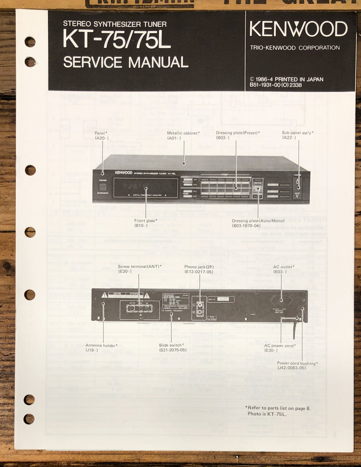 Kenwood KT-75 KT-75L Tuner Service Manual *Original*