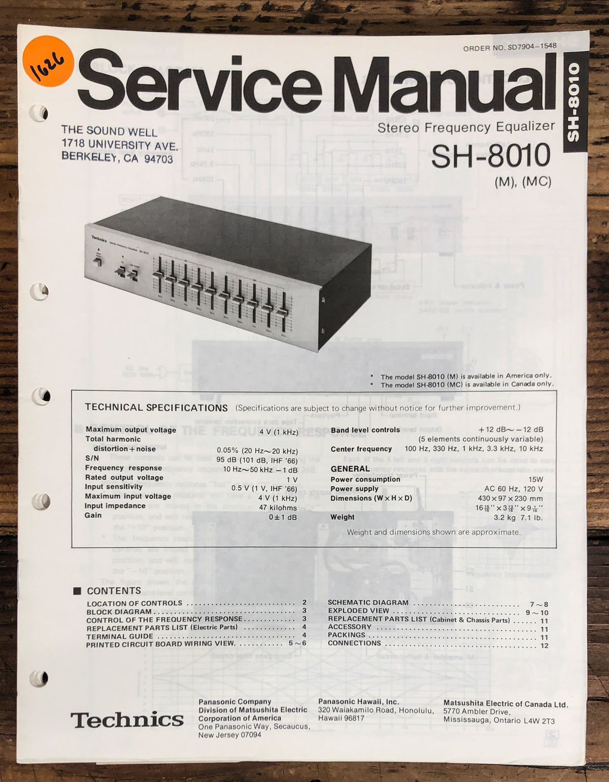 Technics SH-8010 Equalizer Service Manual *Original*