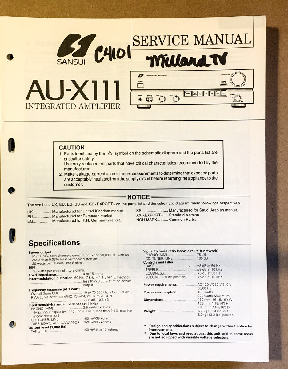 Sansui AU-X111 Amplifier Service Manual *Original*