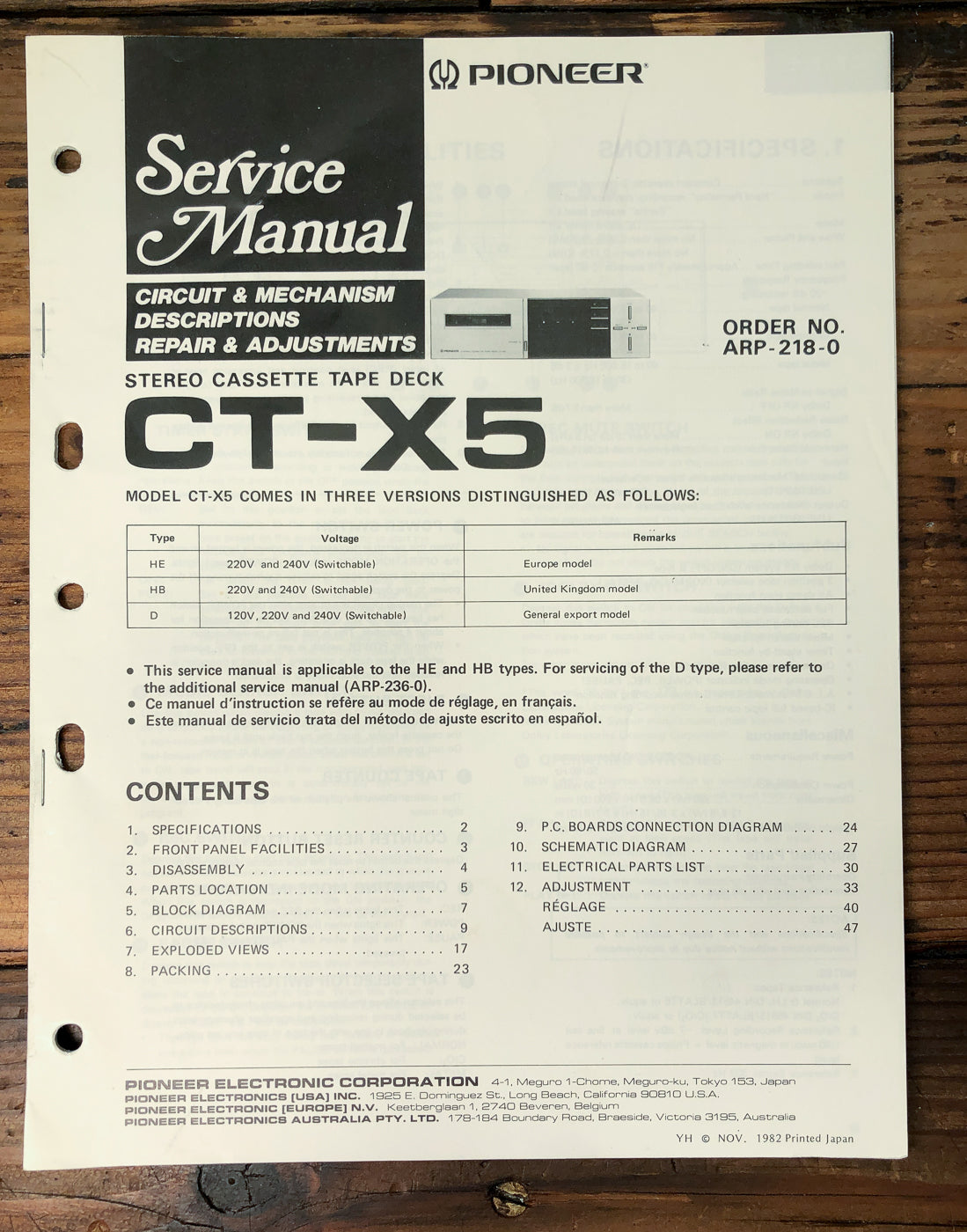 Pioneer CT-X5 Cassette Deck Service Manual *Original*