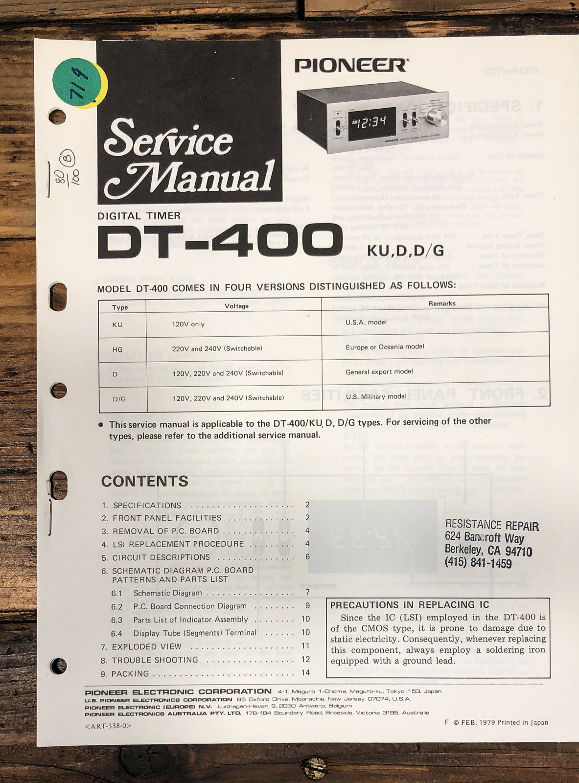 Pioneer DT-400 Digital Timer Service Manual *Original*
