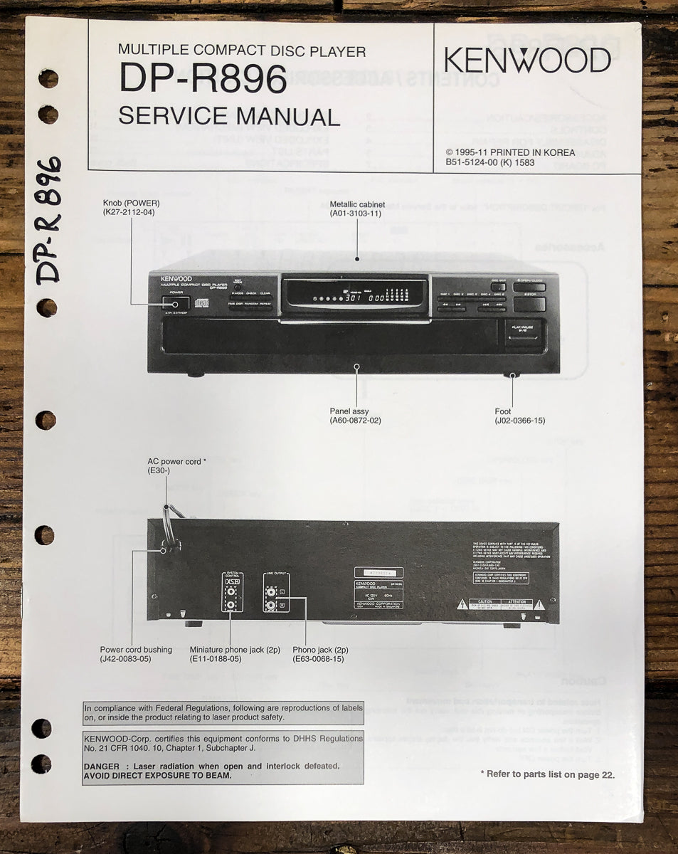 Kenwood DP-R896 CD Player Service Manual *Original*