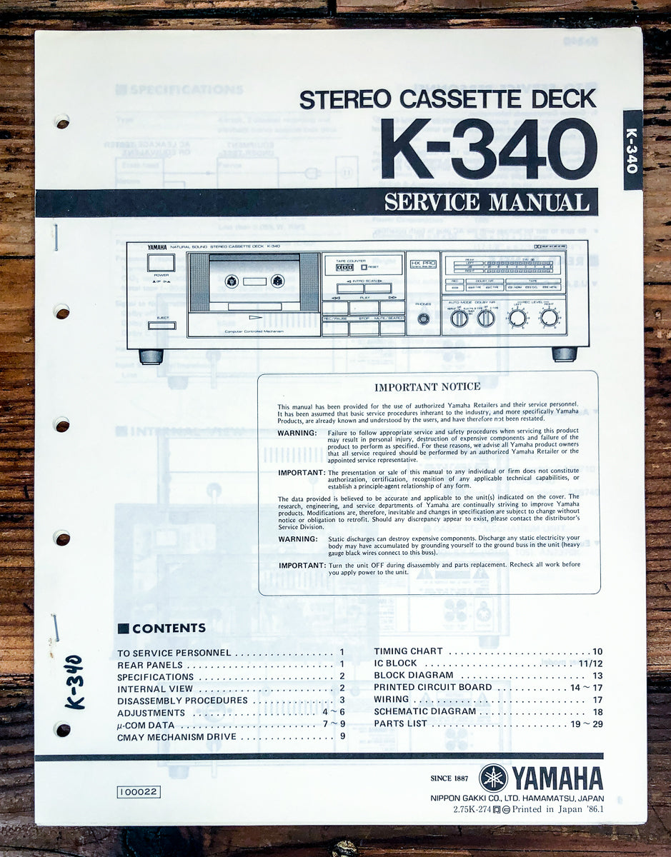 Yamaha K-340 Cassette Service Manual *Original*