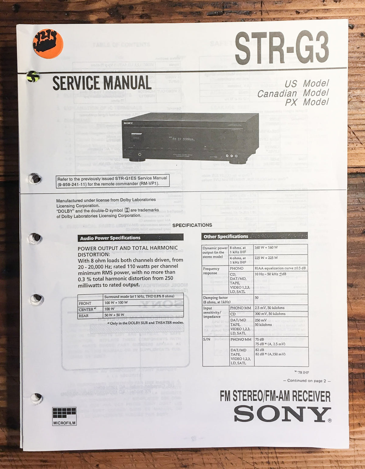 Sony STR-G3 Receiver Service Manual *Original*