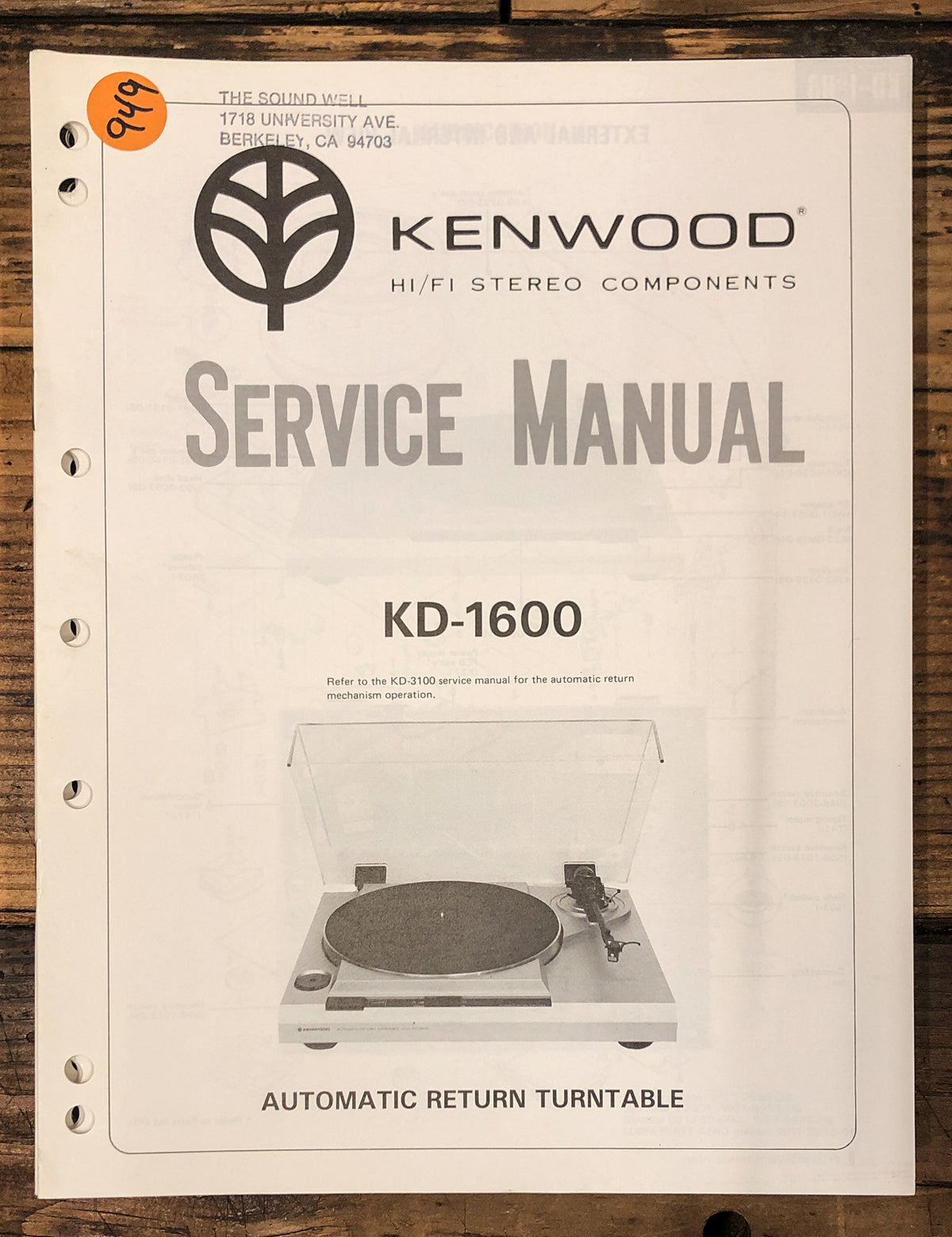 Kenwood KD-1600 Record Player / Turntable Service Manual *Original*