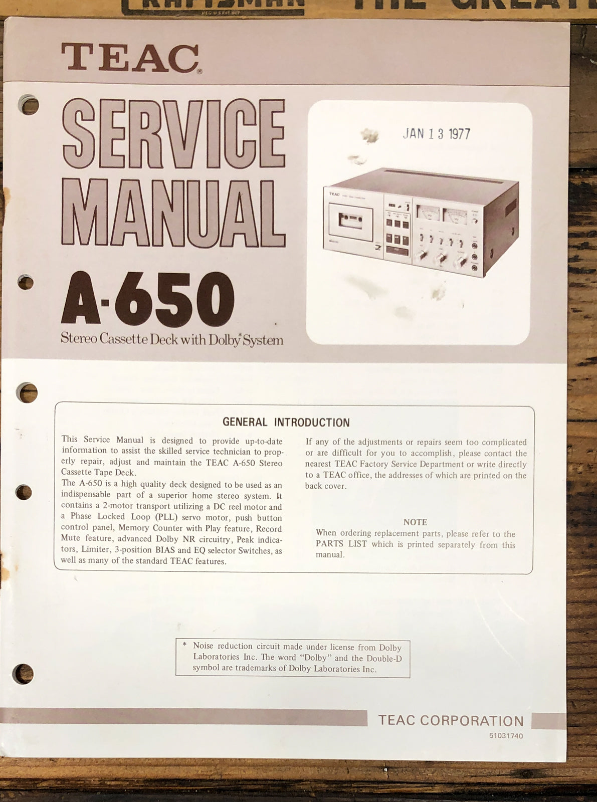 Teac A-650 Cassette Service Manual *Original*