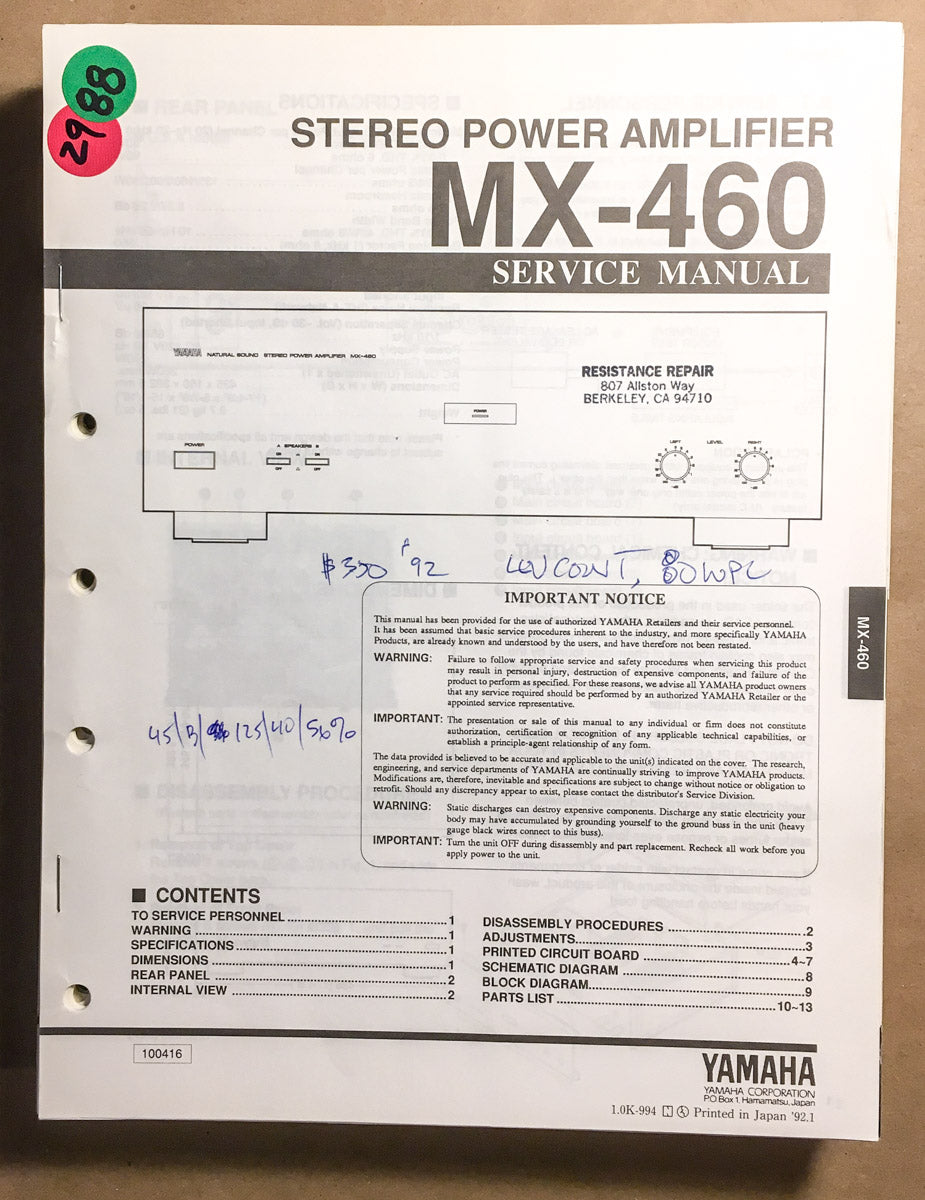 Yamaha MX-460 Amplifier Service Manual *Original*