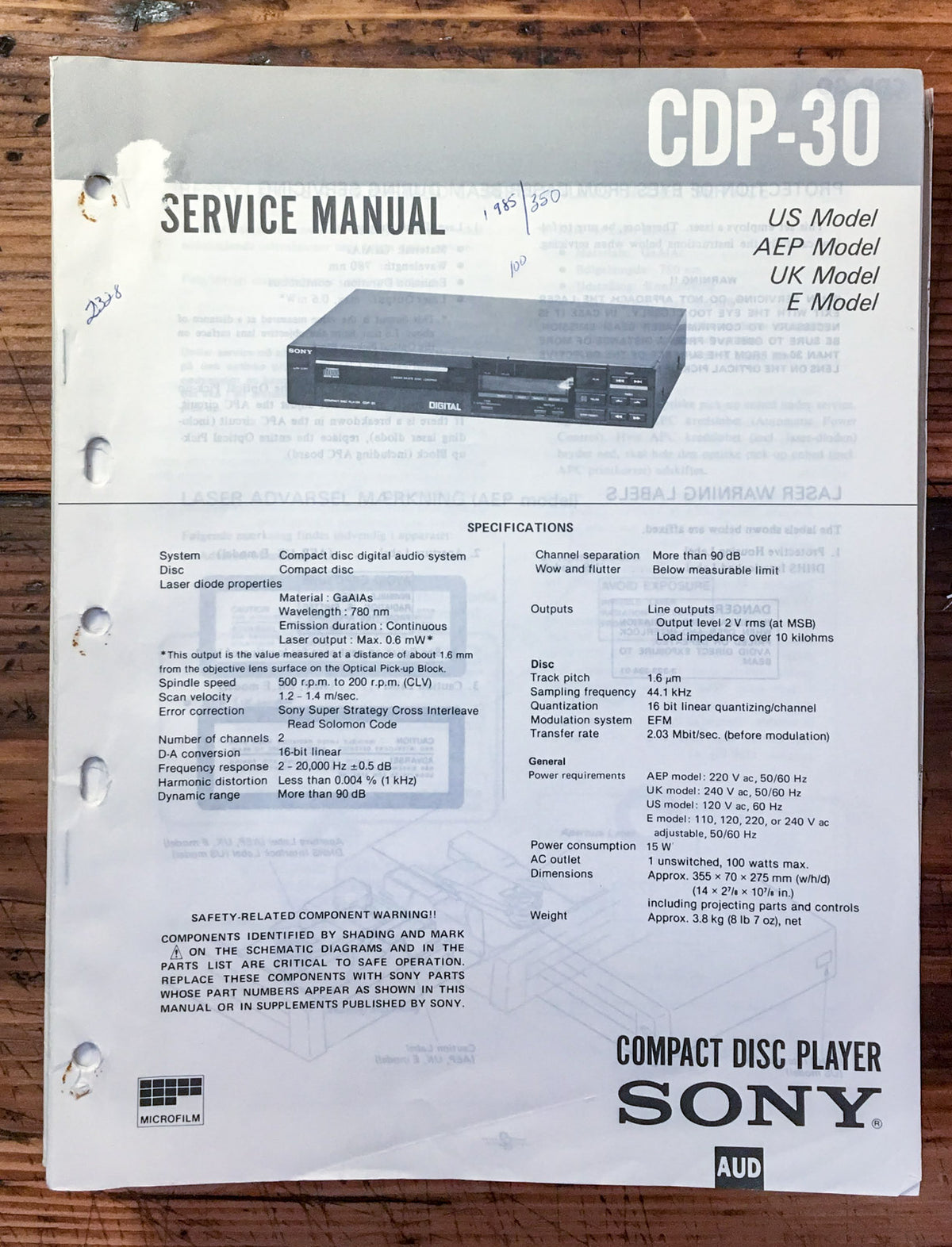Sony CDP-30 CD Player Service Manual *Original*
