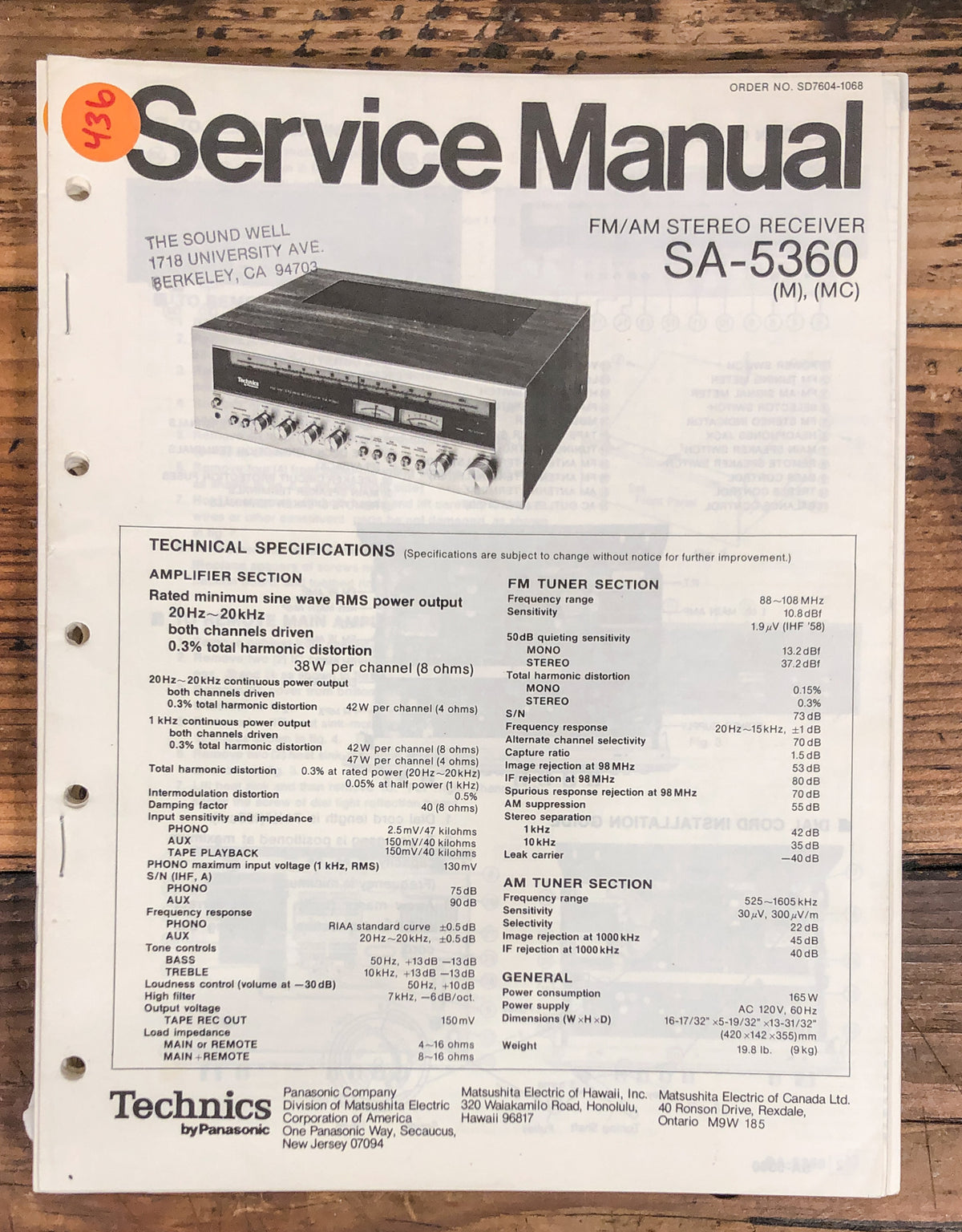 Technics SA-5360 Receiver Service Manual *Original*