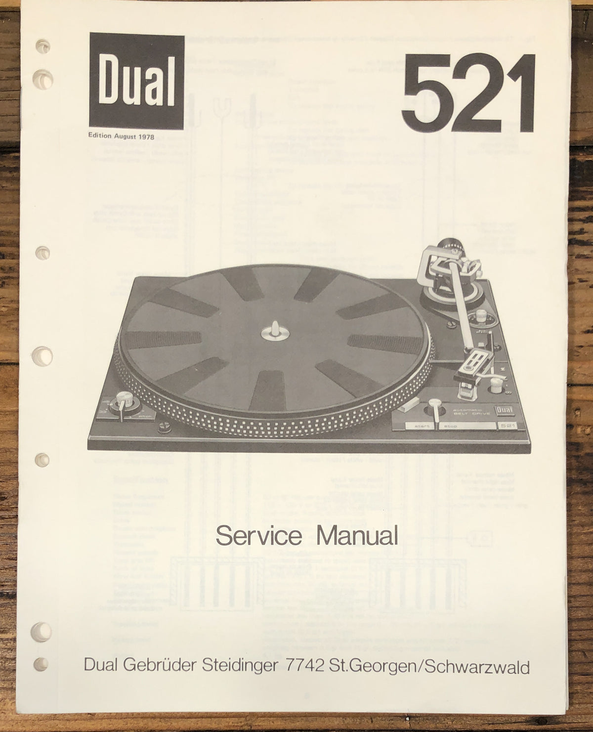 Dual Model 521 Record Player / Turntable Service Manual *Original*