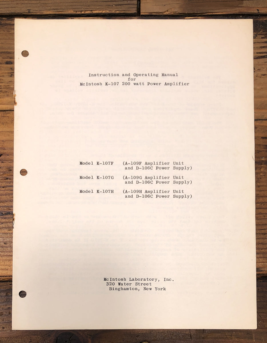 McIntosh K-107 -107F -107G -107H Amplifier Owners / User Manual *Original*