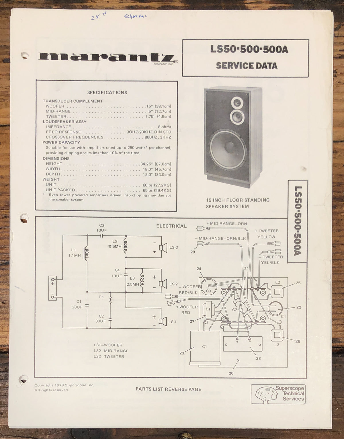 Marantz LS50 LS 500 LS 500A Speaker Service Data Sheet *Original*