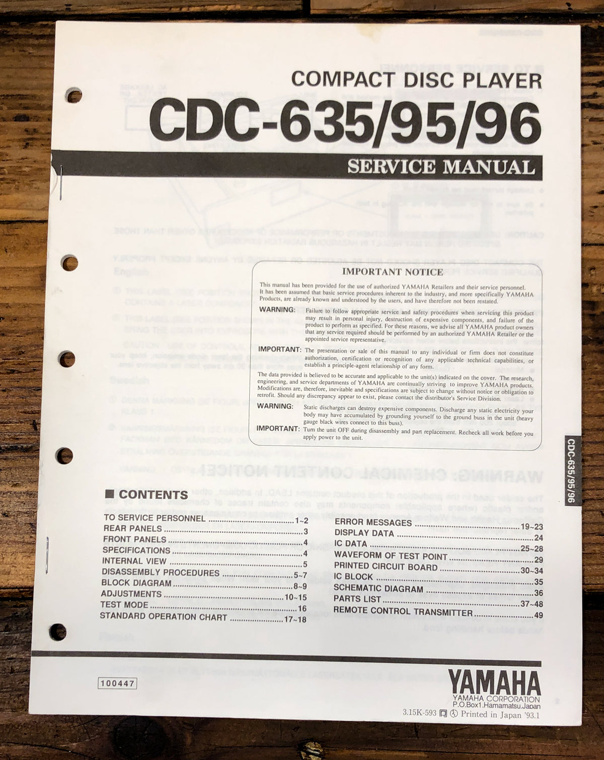 Yamaha CDC-635 CDC-95 CDC-96 CD Player Service Manual *Original*