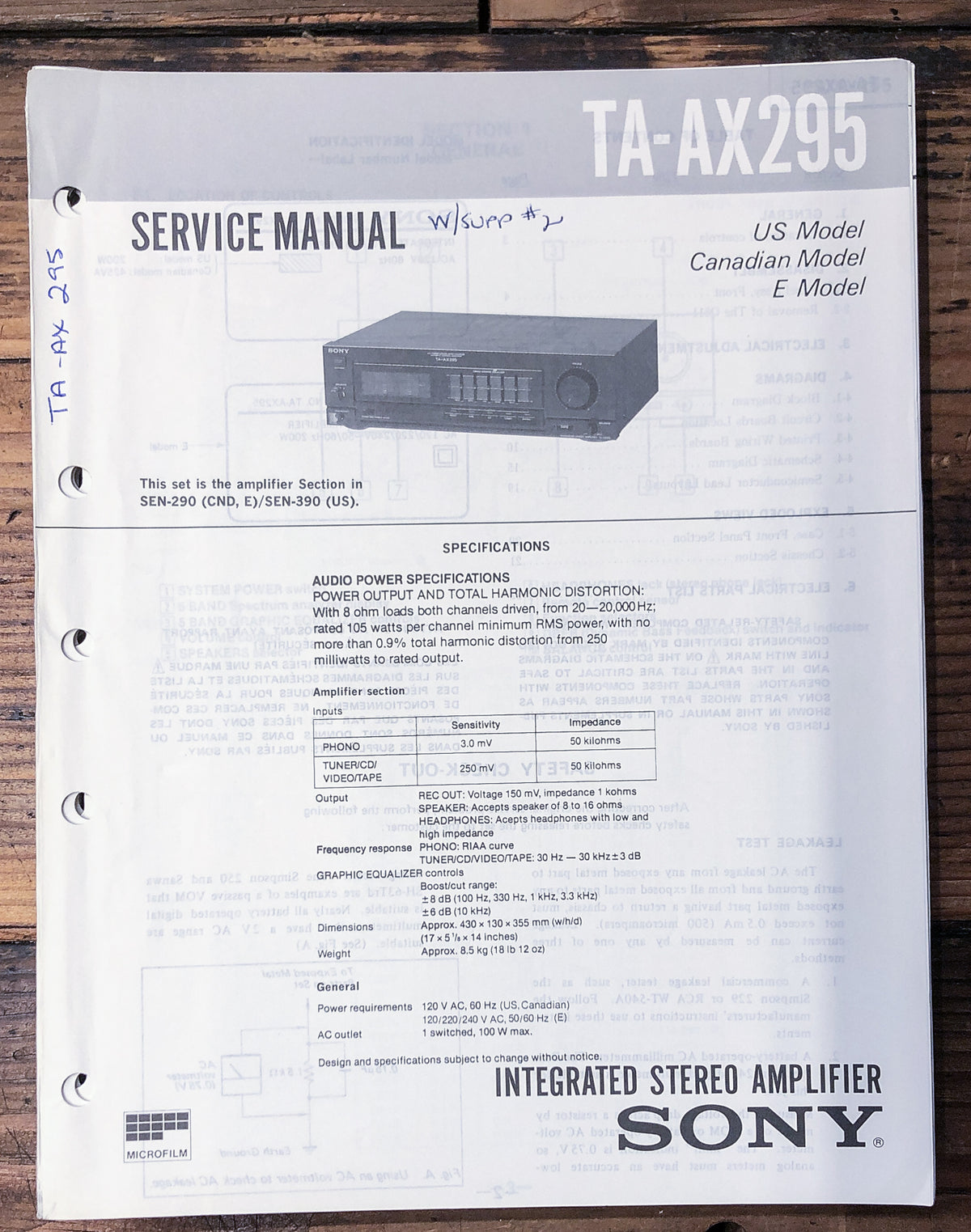 Sony TA-AX295 Amplifier Service Manual *Original*