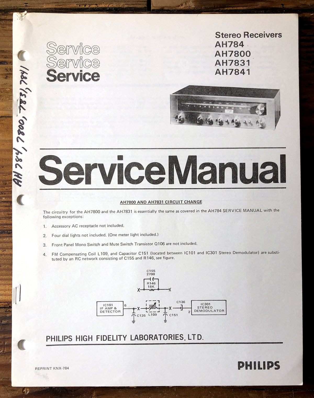 Philips AH7800 AH7831 Stereo Receiver Supp. Service Manual *Original*