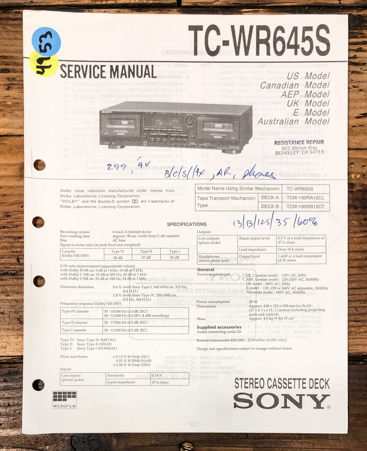Sony TC-WR645S Cassette Service Manual *Original*