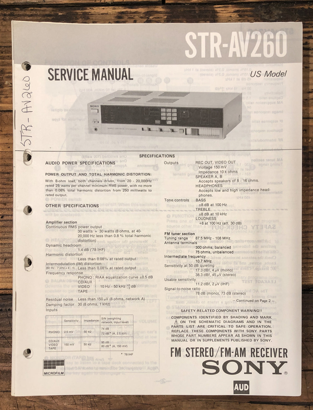 Sony STR-AV260 Receiver Service Manual *Original*