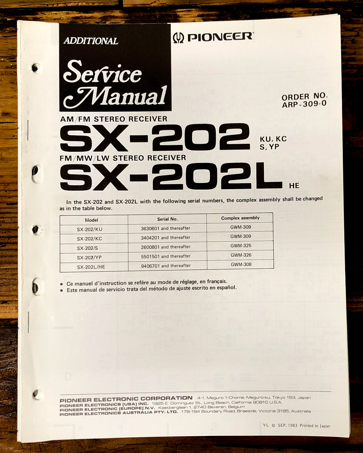 Pioneer SX-202 SX-202L Receiver Service Manual *Original*