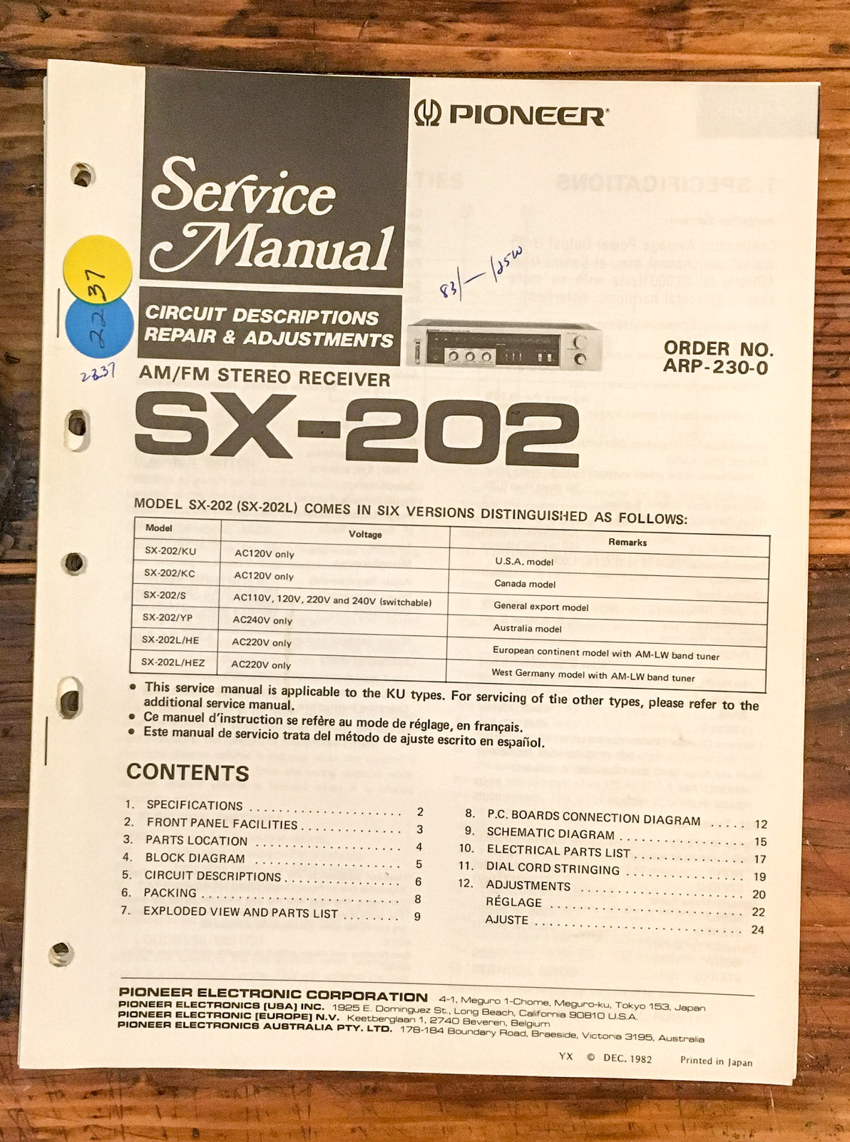Pioneer SX-202 Receiver Service Manual *Original*
