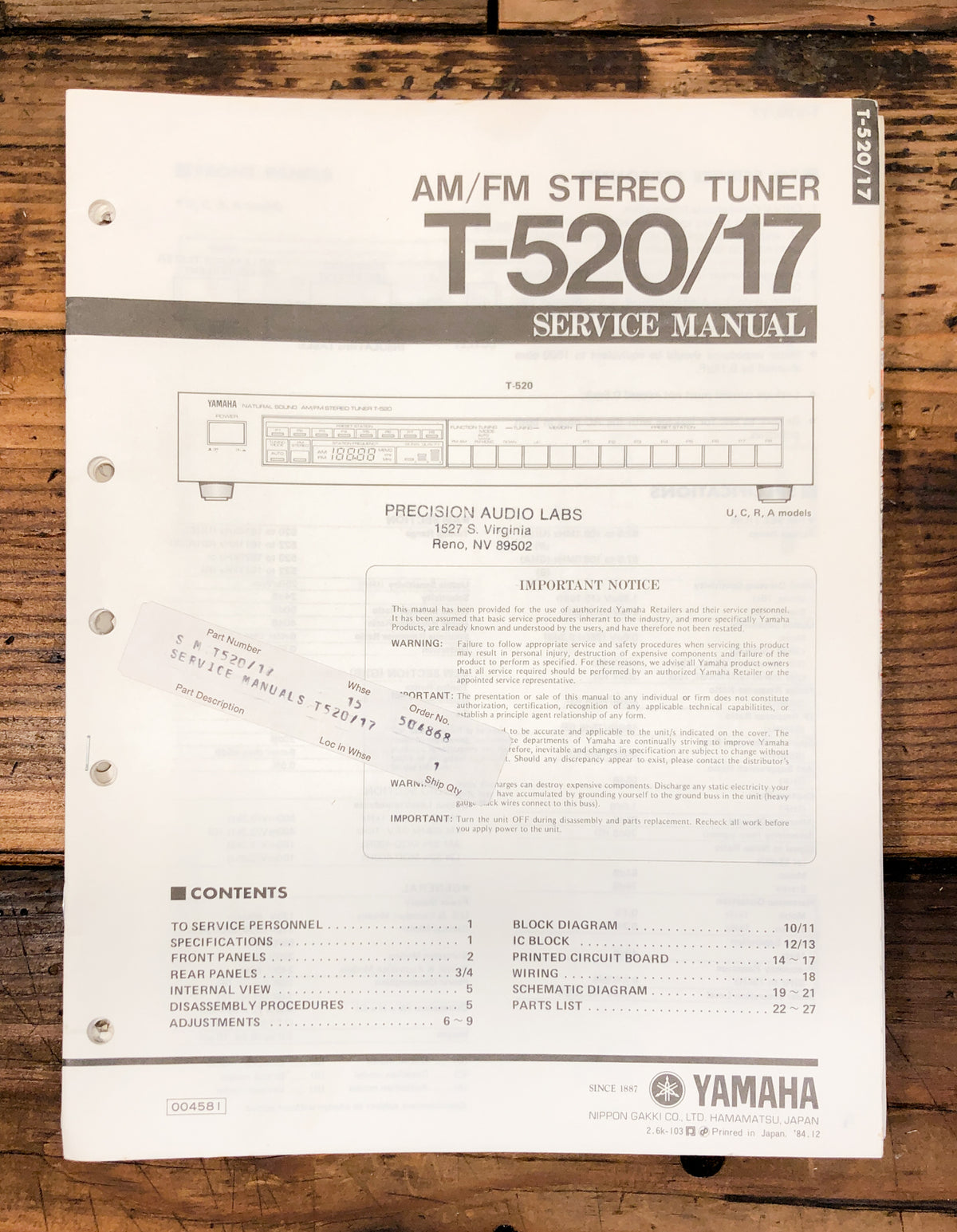 Yamaha T-520 T-17 Tuner Service Manual *Original*