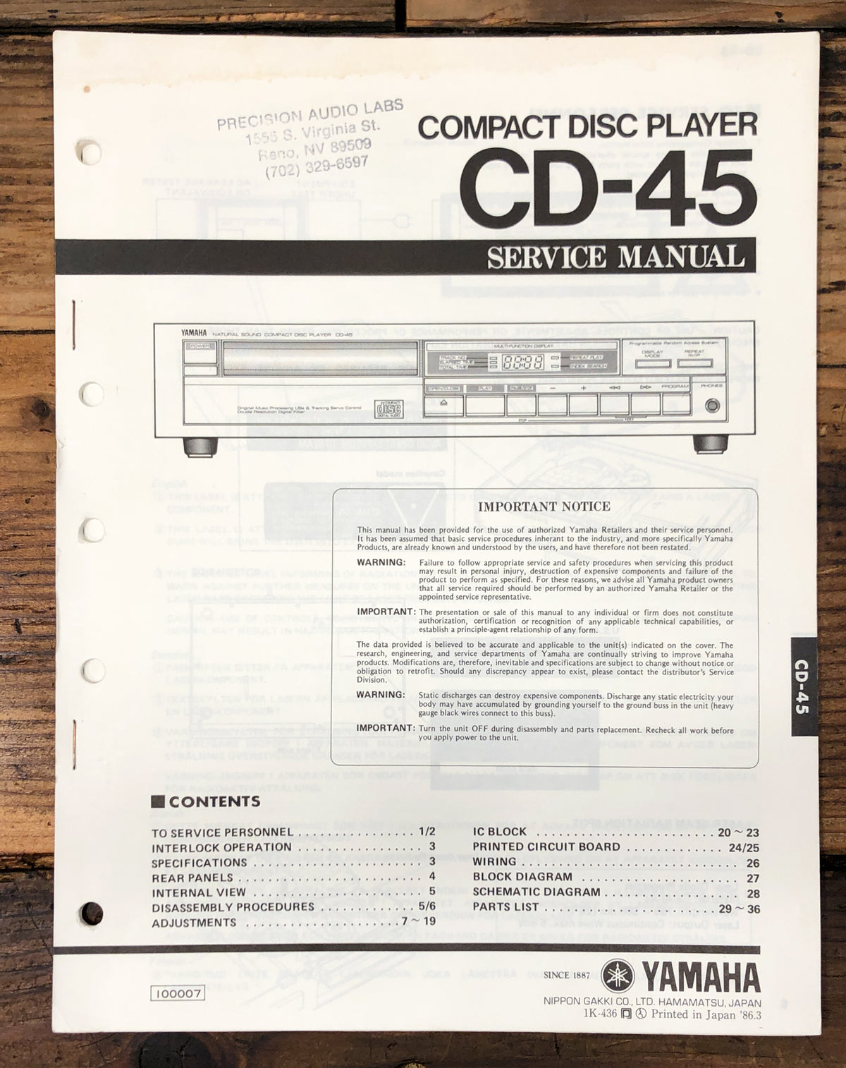 Yamaha CD-45 CD Player Service Manual *Original*