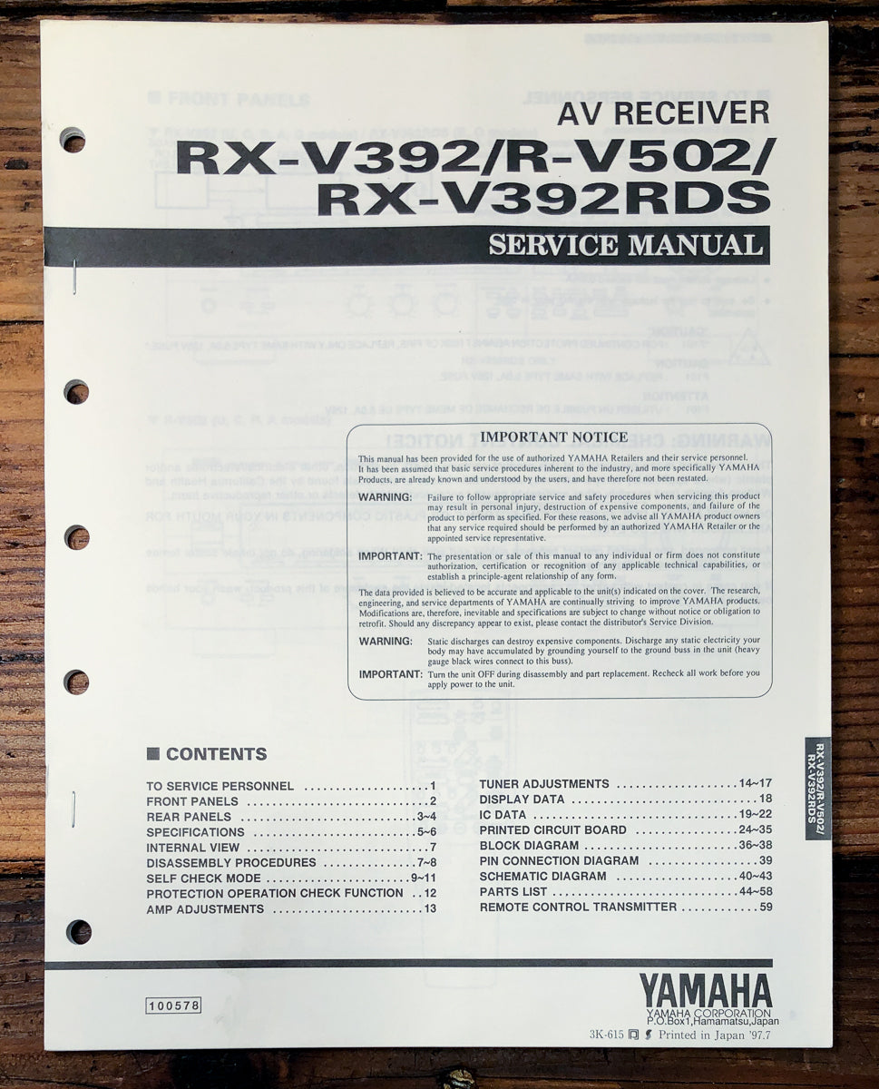 Yamaha RX-V392 R-V502 Receiver Service Manual *Original*