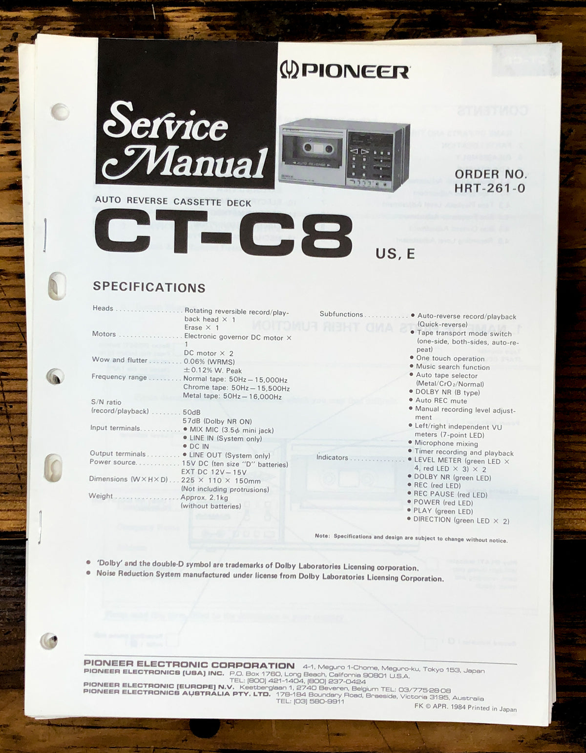 Pioneer CT-C8 Cassette Service Manual *Original*