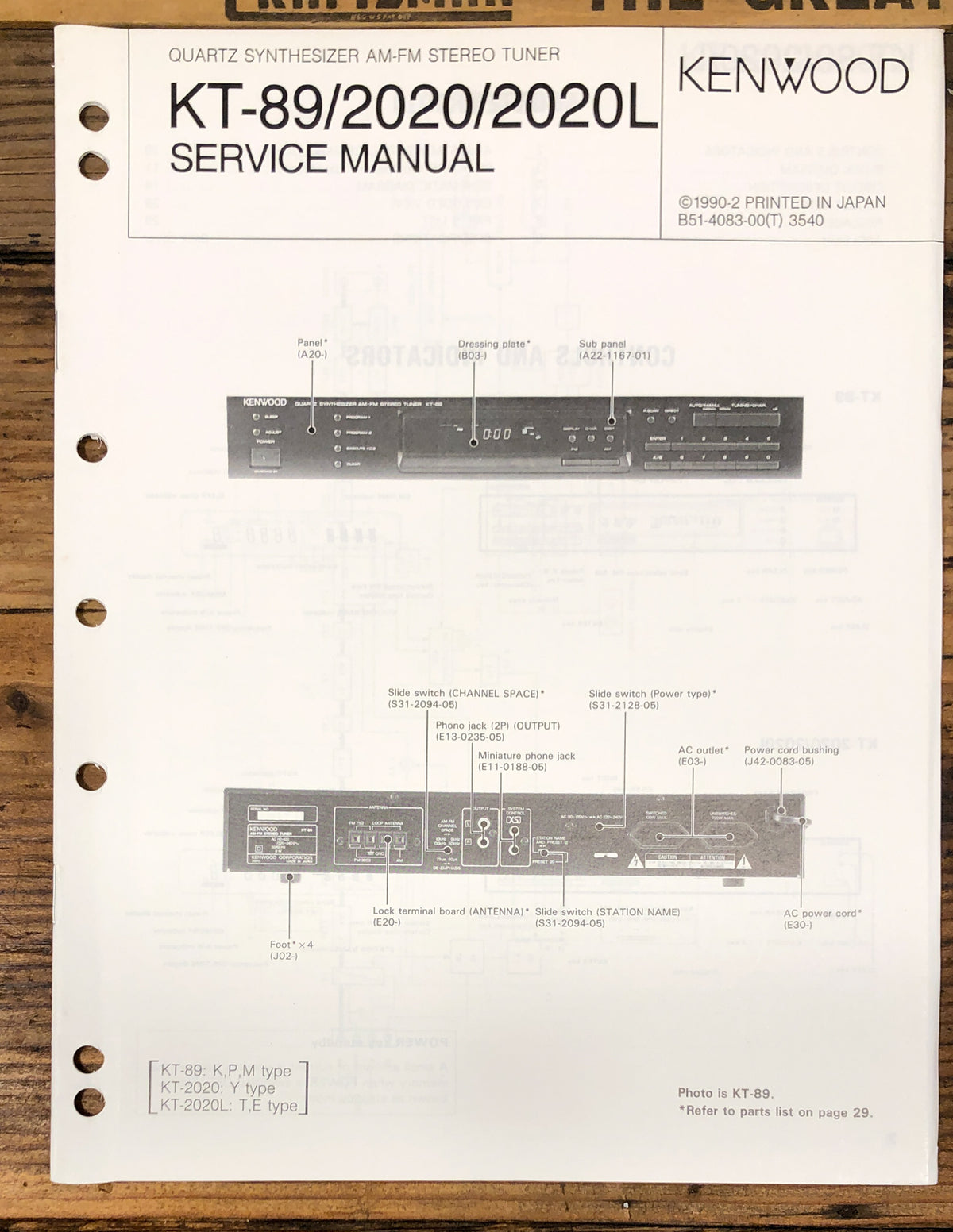 Kenwood KT-89 KT-2020 KT-2020L Tuner Service Manual *Original*