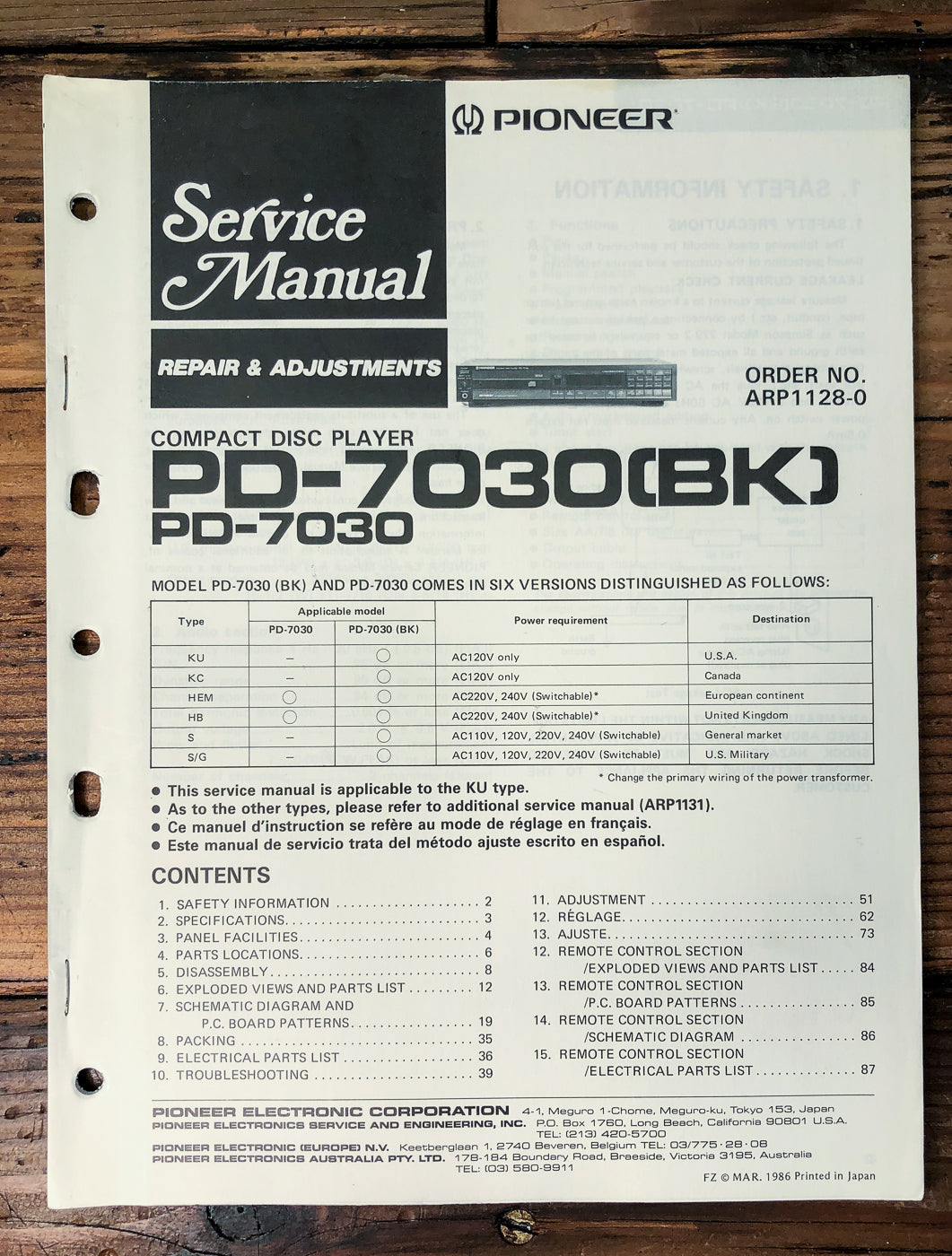 Pioneer PD-7030 CD Player Service Manual *Original*