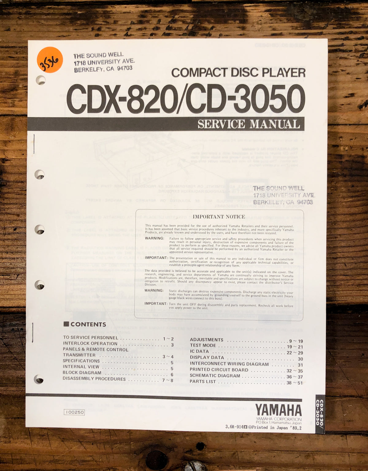 Yamaha CDX-820 CD-3050 CD Player Service Manual *Original*
