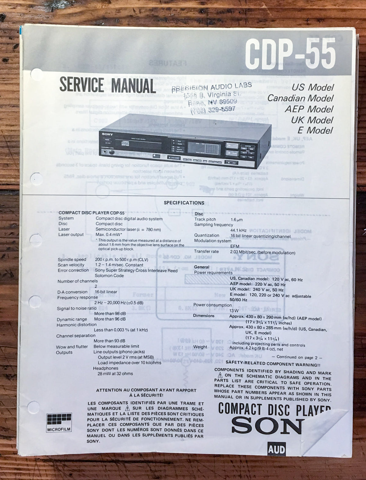 Sony CDP-55 CD Player Service Manual *Original*