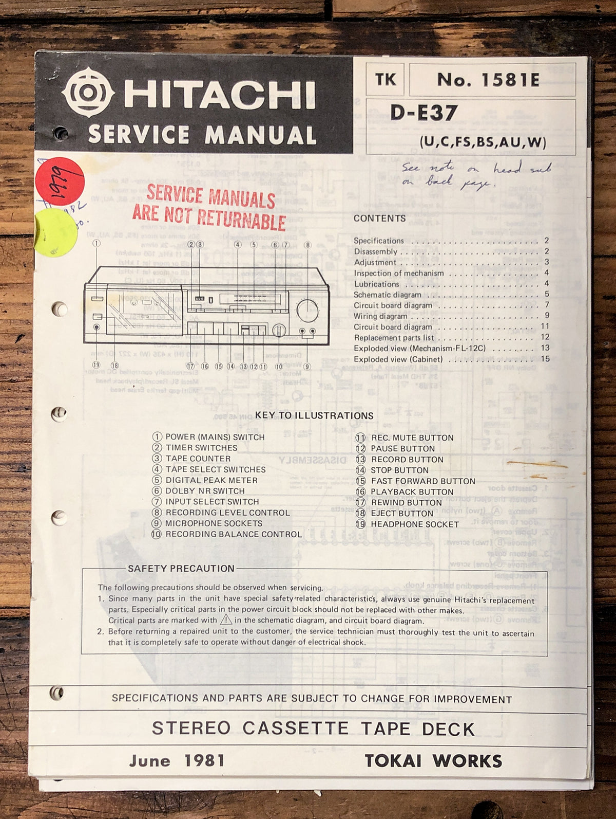 Hitachi D-E37 Cassette Service Manual *Original*