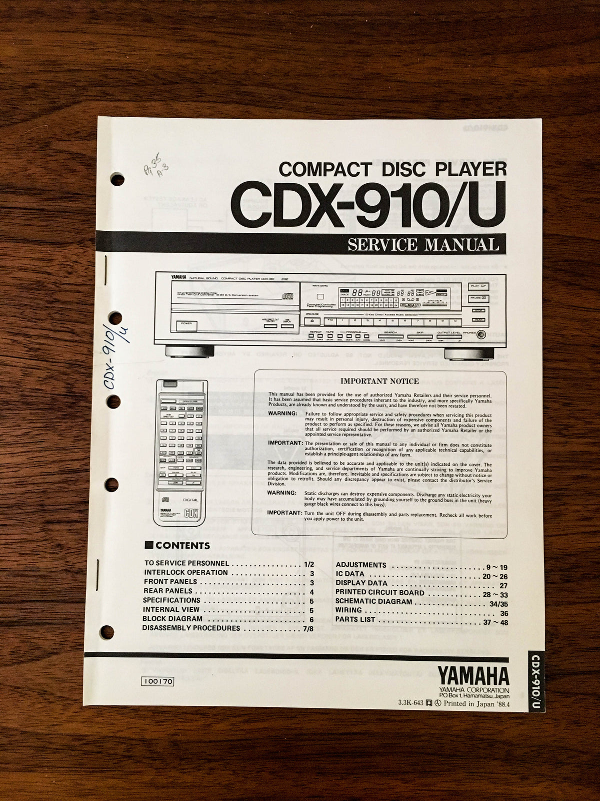 Yamaha CDX-910 CDX-910U CD PLAYER Service Manual *Original*