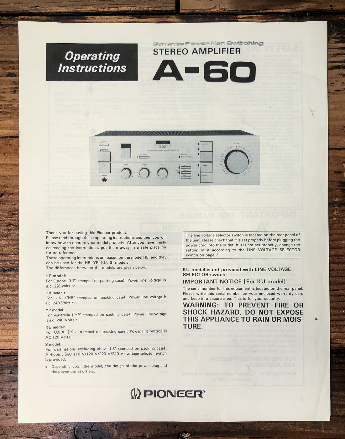 Pioneer A-60 Amplifier Owners / User Manual *Original*