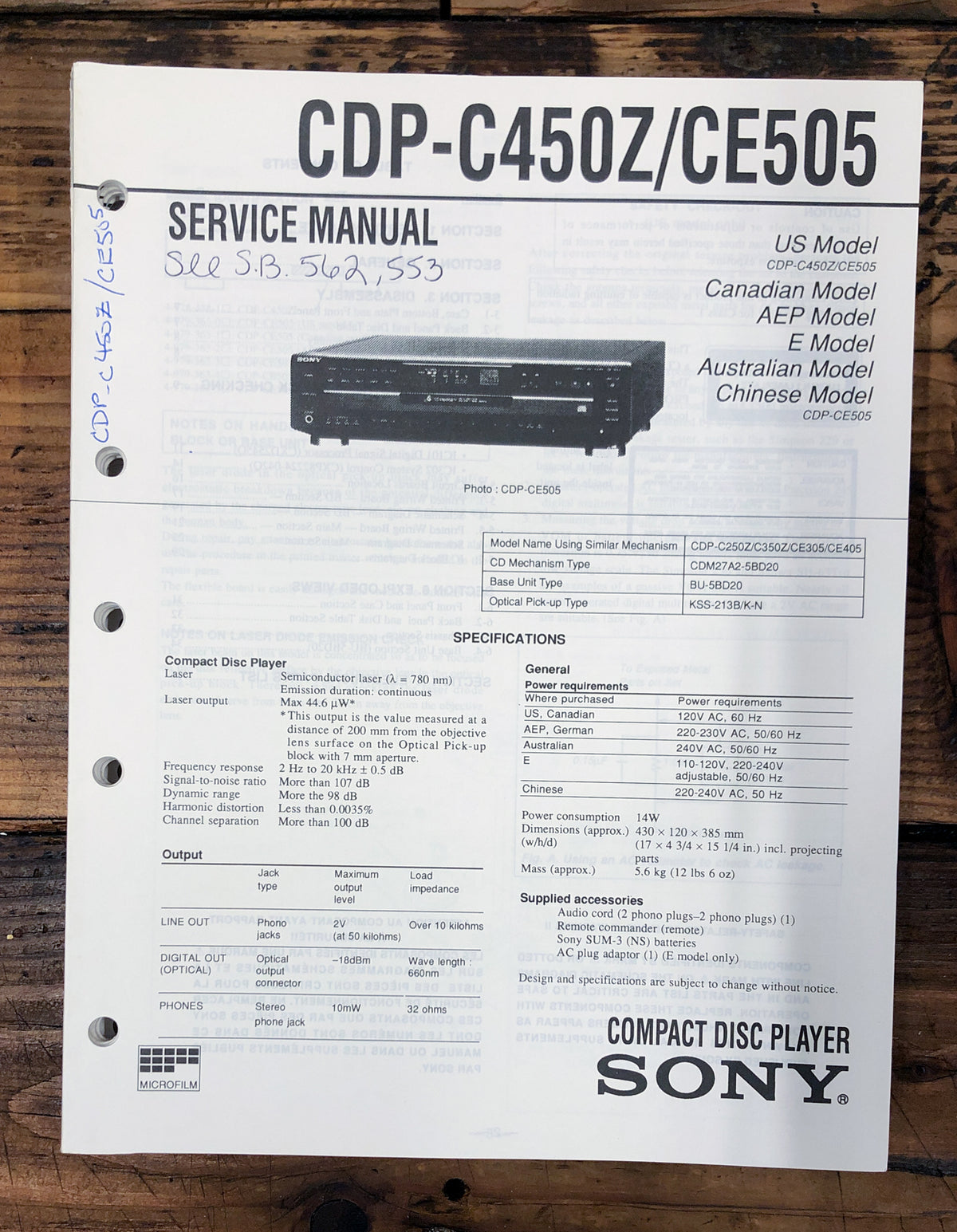 Sony CDP-C450Z CDP-CE505 CD Player Service Manual *Original*