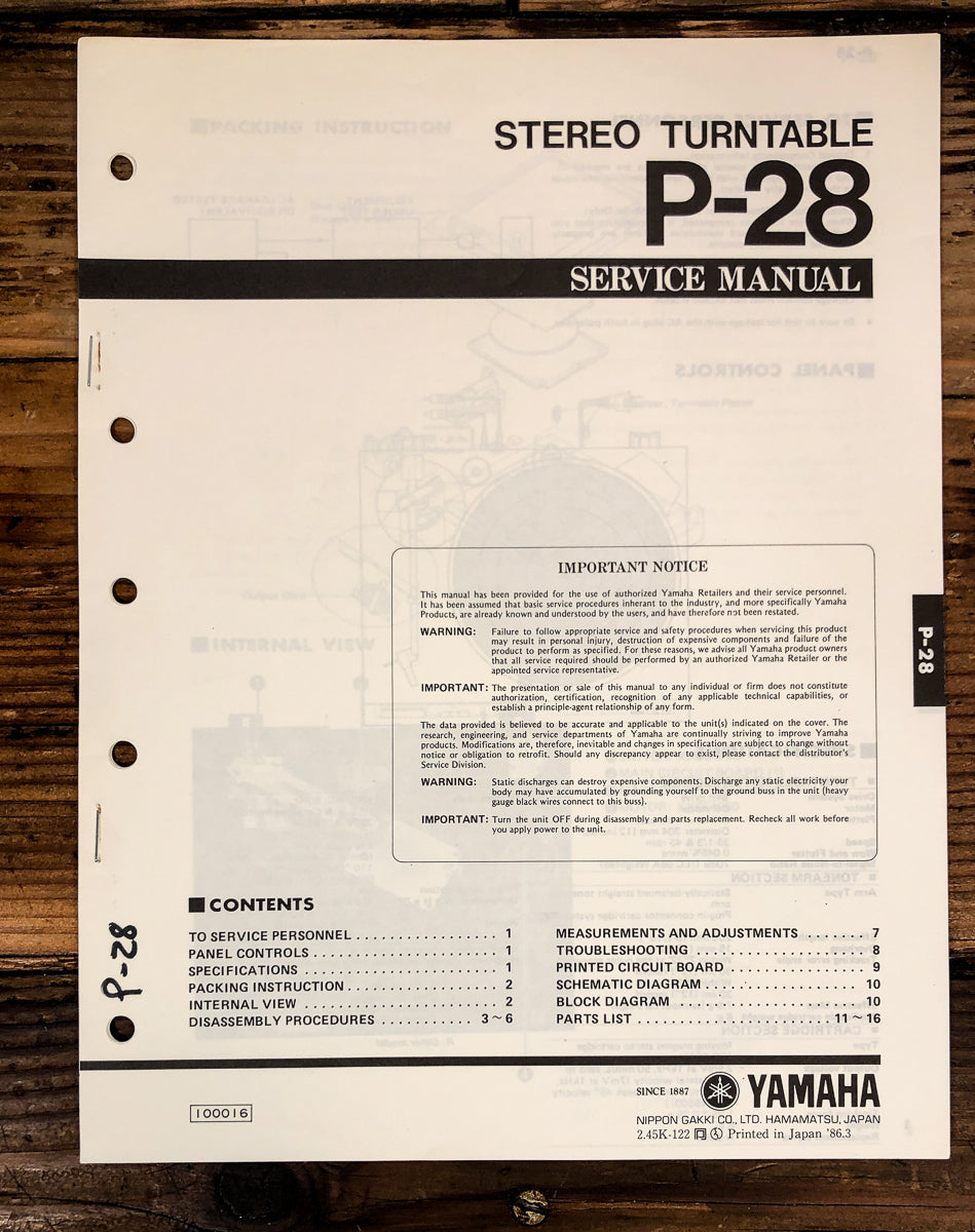 Yamaha P-28 Record Player / Turntable Service Manual *Original*