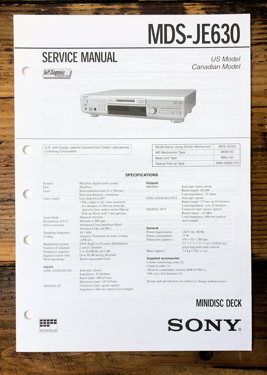 Sony MDS-JE630 MD Deck Service Manual *Original*