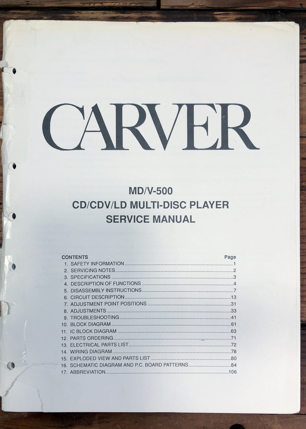 Carver MD/V-500 CD CDV LD Player Service Manual *Original*
